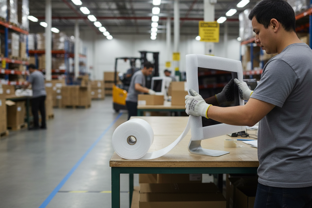 Worker wrapping electronics with foam in a warehouse; unrelated to Premium Acoustic Flanking Strip 50M x 260mm x 6mm for Isolation and Sealing Perimeters, used for soundproofing and noise reduction in insulation projects.