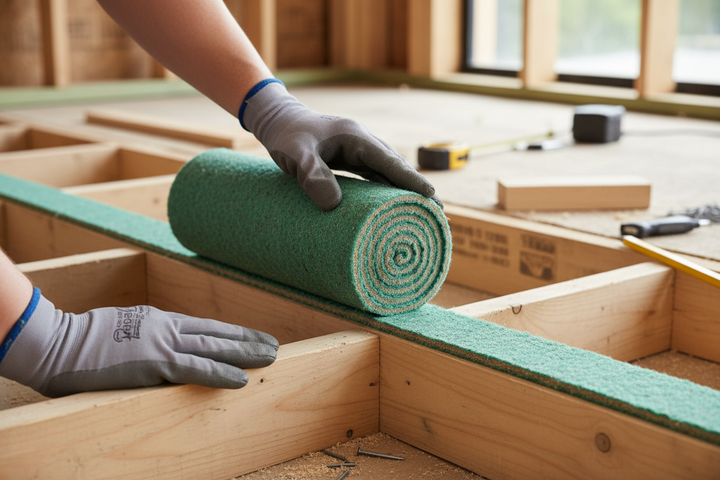 Hands unroll the Premium Acoustic Joist Strip for Impact Sound Reduction—10mm Thick, 1.37m x 50mm—across wooden floor joists, showcasing its role in soundproofing and noise reduction in construction.