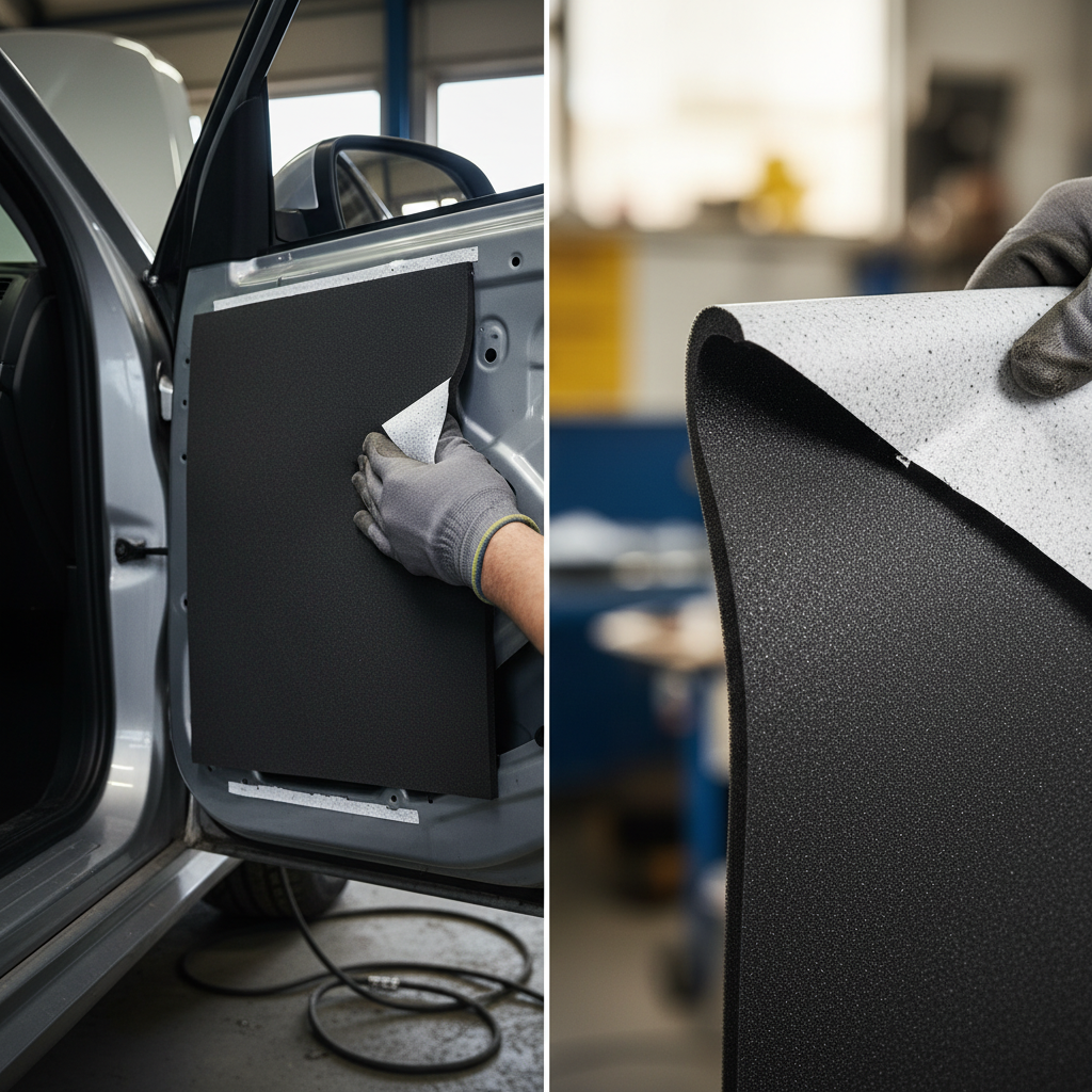 Installing Premium Self-Adhesive Thermo-Acoustic Material 10mm Thick - 5.2 sq.m Coverage inside a car door, showcasing its soundproof and vibration damping properties with easy adhesive application and effective noise reduction.