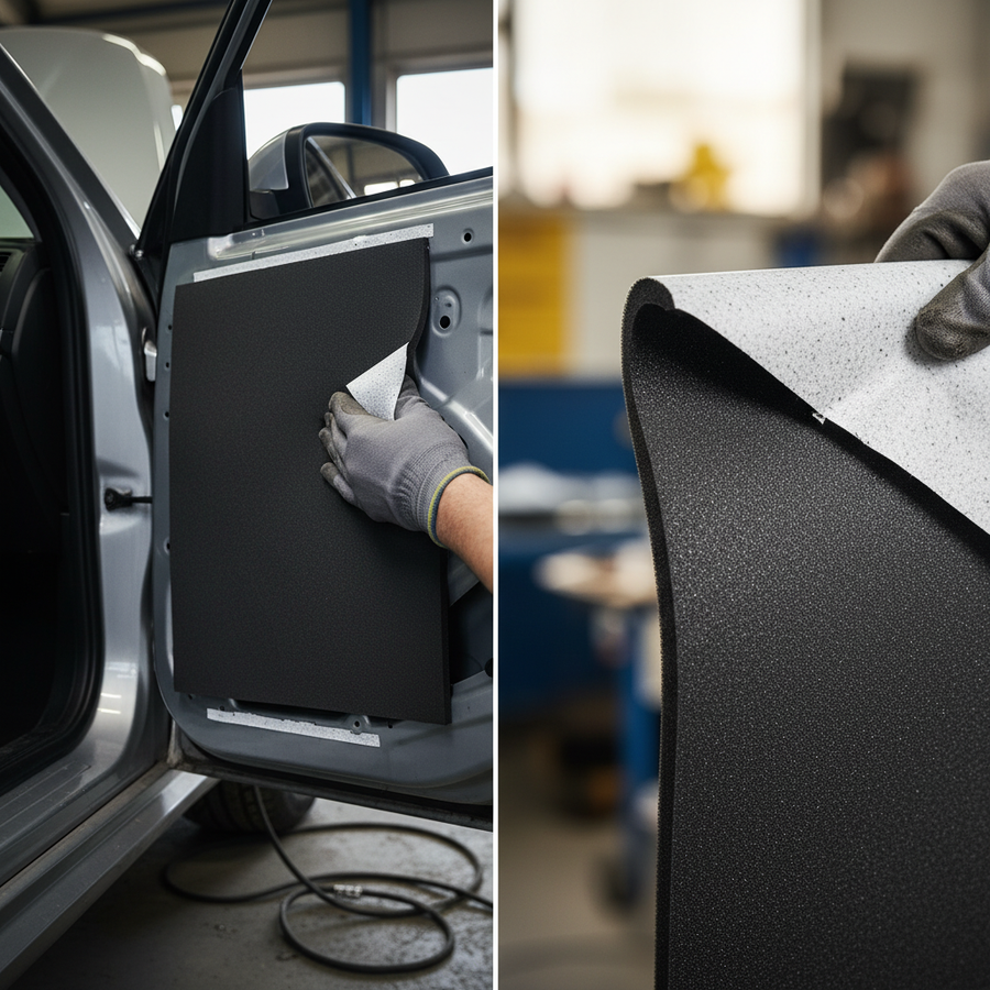 Installing Premium Self-Adhesive Thermo-Acoustic Material 10mm Thick - 5.2 sq.m Coverage inside a car door, showcasing its soundproof and vibration damping properties with easy adhesive application and effective noise reduction.