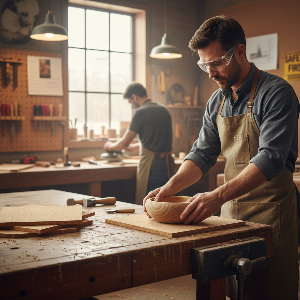 Premium Fine Grain Non-Adhesive Cork Sheets - 610mm x 450mm x 45mm - Pack of 4, ideal for soundproofing and acoustic insulation. Featured in a woodworking shop, highlighting versatility for wall coverings and pinboards.