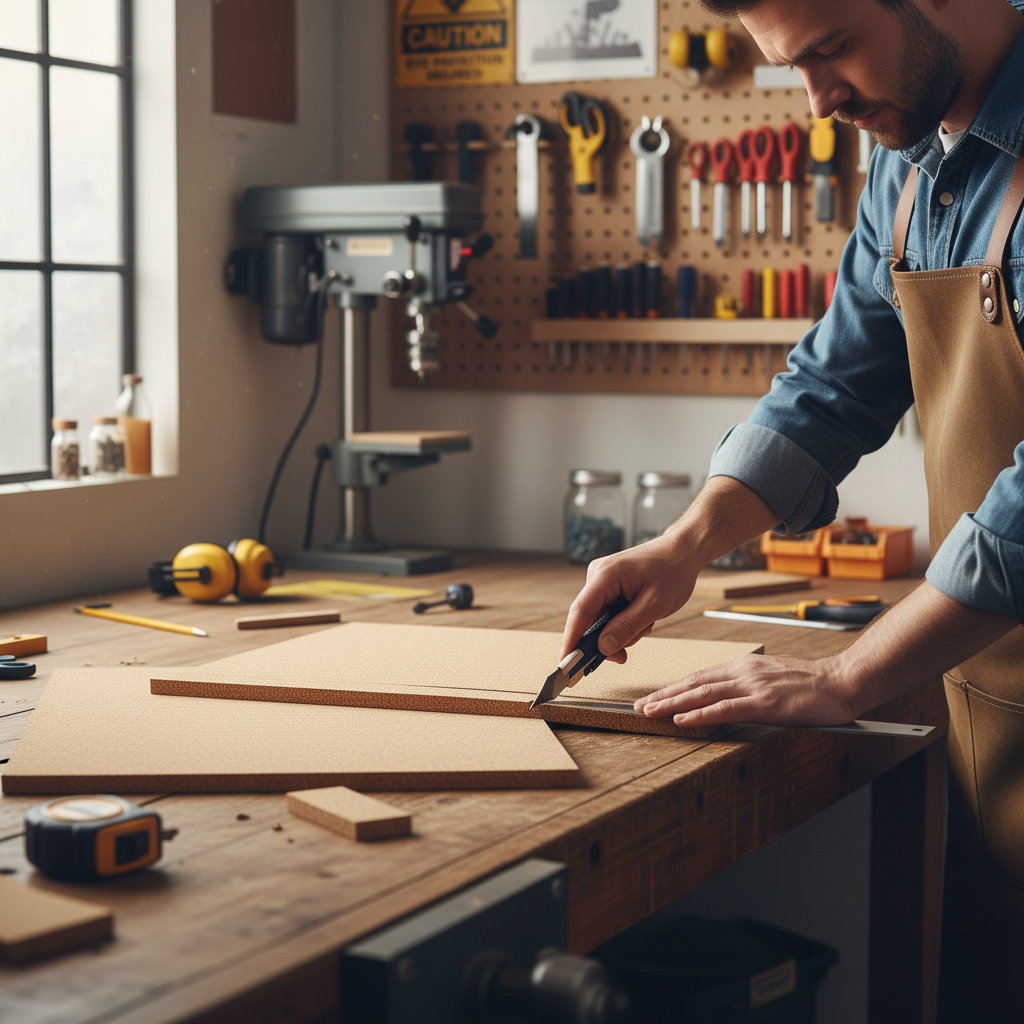 Person in workshop cuts thin panel with utility knife and straightedge on workbench. Premium Fine Grain Non Adhesive Cork Sheets - 610mm x 450mm x 35mm - Pack of 4 for Wall Coverings and Pinboards, suitable for acoustic applications.