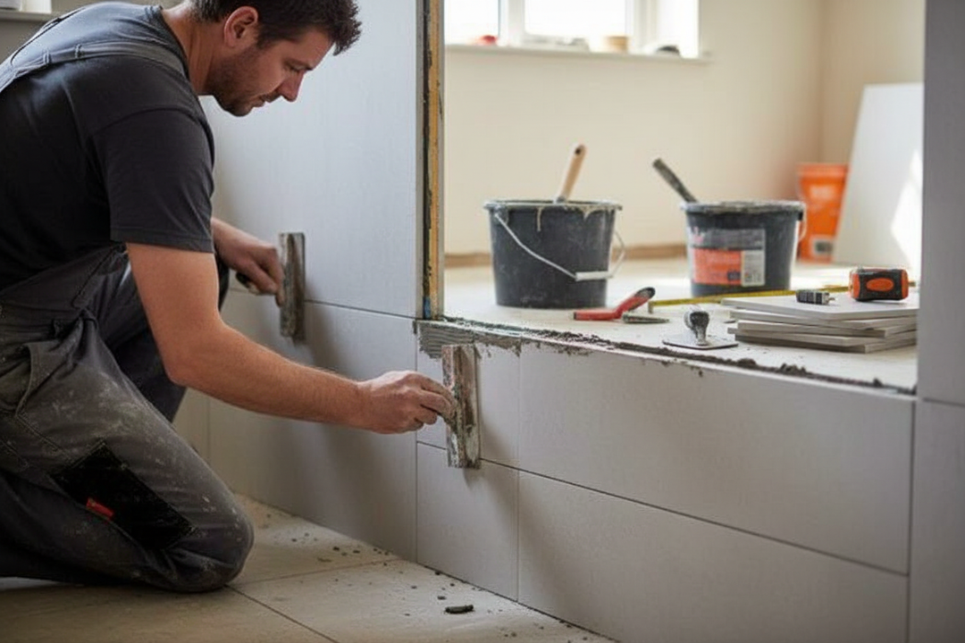 Tradesperson installing tiles with Premium Heavy Duty Tile Backing Board 1200 x 800 x 12mm, offering water, fire, and impact resistance. Ideal for acoustic insulation and noise reduction in high-traffic areas.