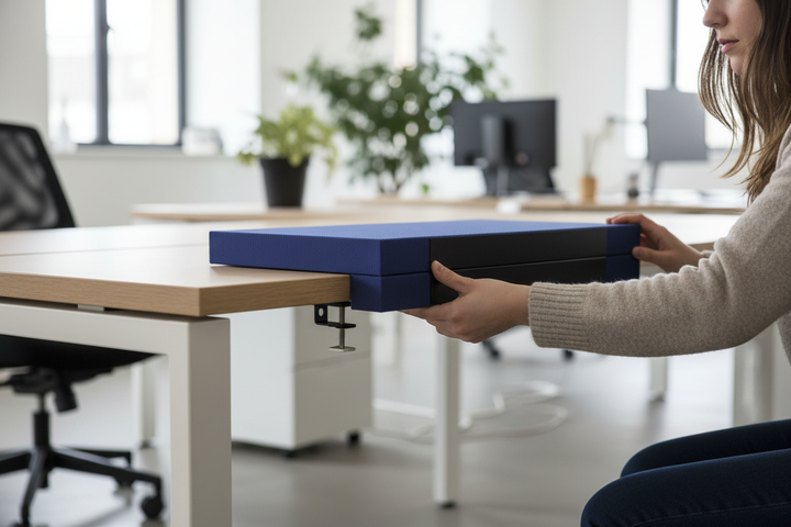 Person installing the Premium Office Desk Absorber for Noise Reduction Between Workstations, a high-quality acoustic panel with metal clamp, enhancing soundproofing and reducing noise in open-plan offices.