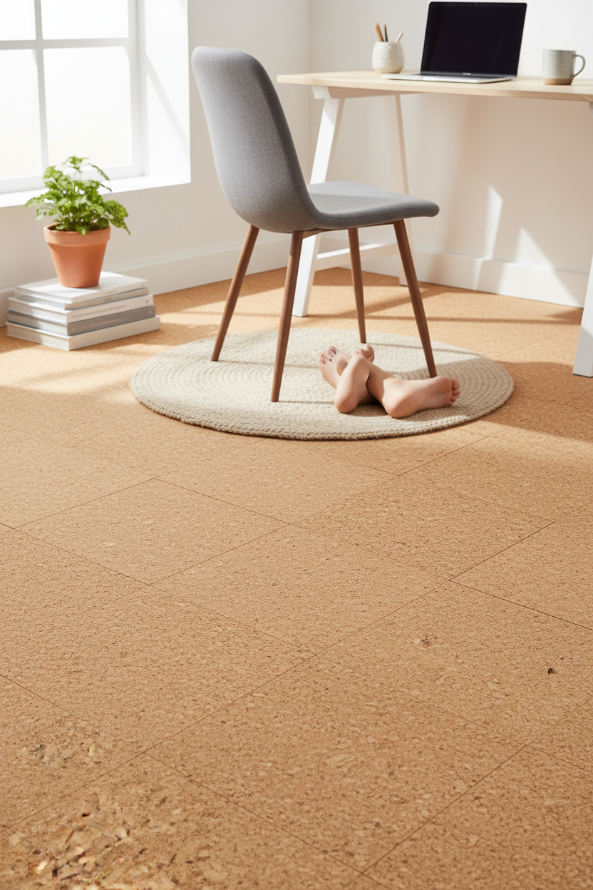 Premium Natural Cork Flooring, 600mm x 300mm, 4mm thick, offers comfortable sound absorption and warm touch. Ideal for acoustic insulation, visible under a minimalist desk setup with soundproofing benefits.