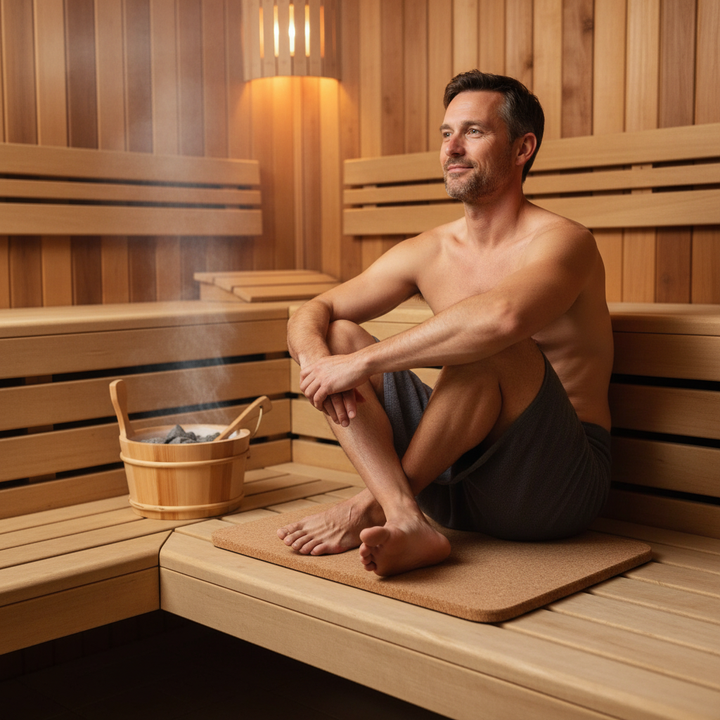 Premium Cork Sauna Mat - 450mm x 300mm - 12mm Thick, Hypoallergenic and Non-Slip Surface, provides comfortable, sound-insulating support in a sauna setting, enhancing relaxation with acoustic and vibration damping benefits.