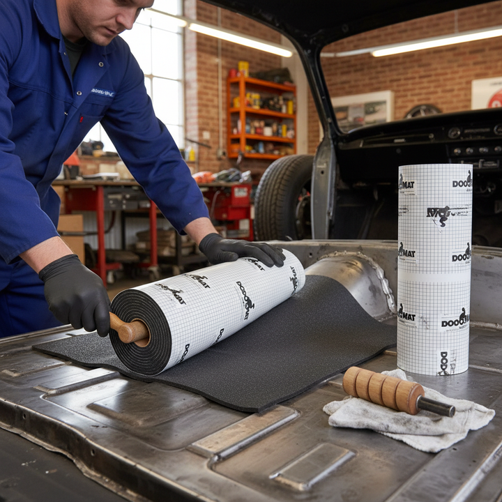 Technician applying Premium High-Performance Soundproofing and Insulation Mat - 7mm Thick with Butyl Rubber and Closed Cell Foam for Vehicle Floor and Boot Areas, ensuring effective soundproofing and vibration damping.