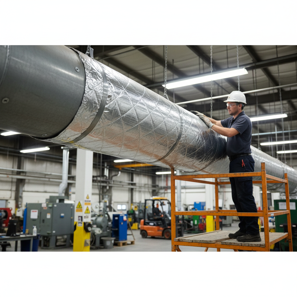Man on orange scaffold inspecting large silver-insulated air duct, featuring Premium Lightweight Acoustic Lagging for effective noise reduction and soundproofing in industrial settings, emphasizing acoustic insulation and vibration damping.