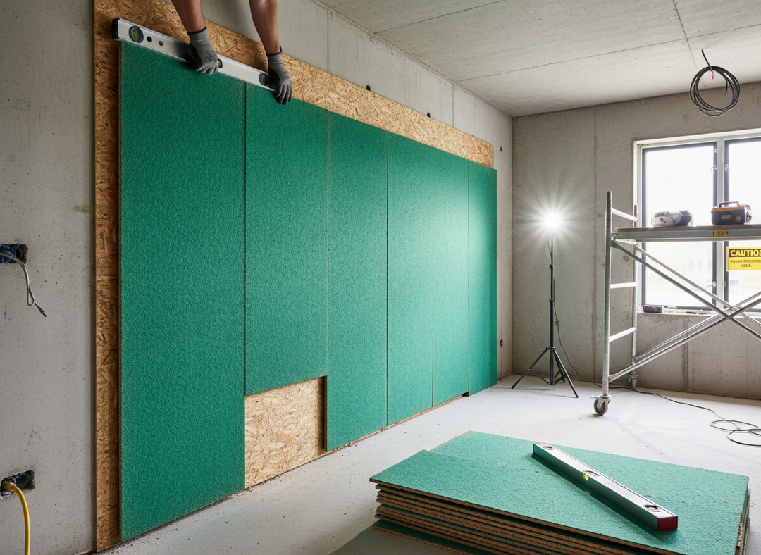 Premium Acoustic Chipboard dB Panel 32mm Thick in an unfinished room, with green panels fitted on OSB. Gloved hands hold a spirit level, ensuring alignment for optimal noise reduction and sound insulation.