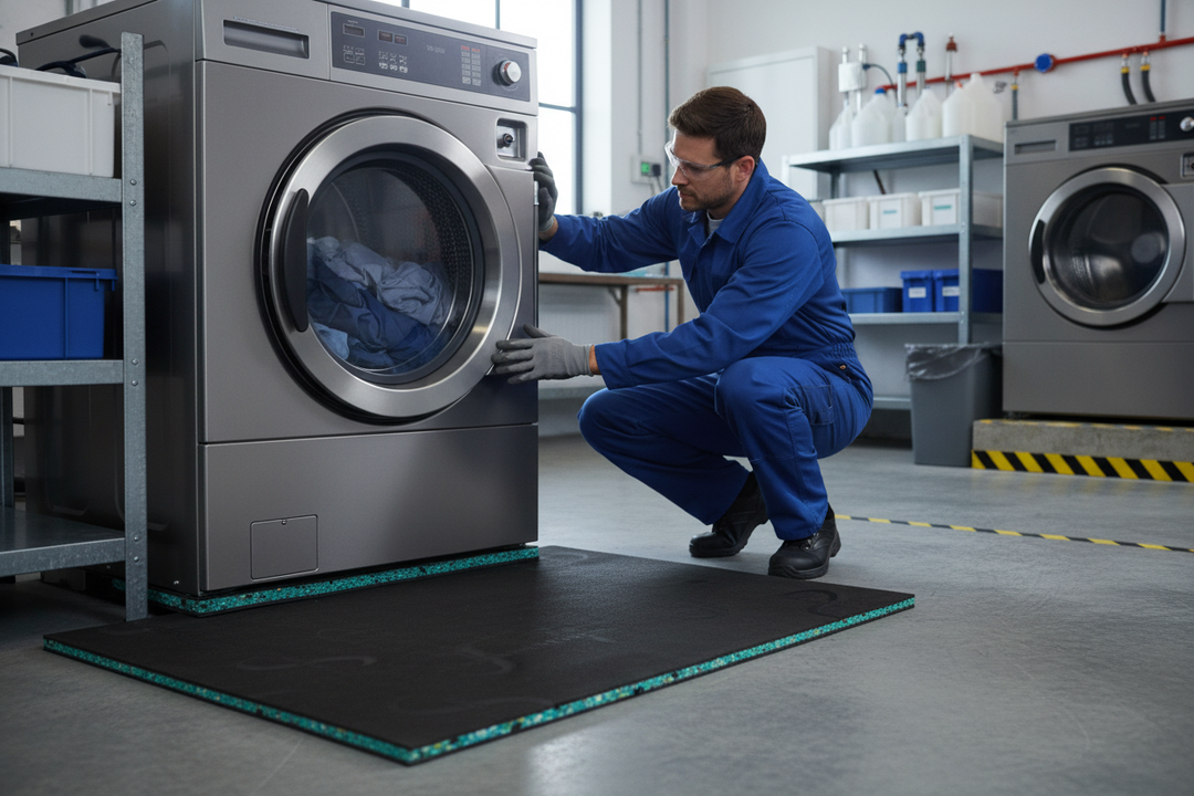 Technician inspecting industrial washer, showcasing Premium Acoustic Washing Machine Mat - 600mm x 600mm x 15mm for Noise Reduction Under Appliances, ideal for soundproofing, acoustic insulation, and vibration damping in residential settings.