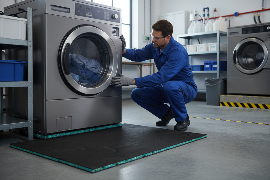 Technician inspecting industrial washer, showcasing Premium Acoustic Washing Machine Mat - 600mm x 600mm x 15mm for Noise Reduction Under Appliances, ideal for soundproofing, acoustic insulation, and vibration damping in residential settings.