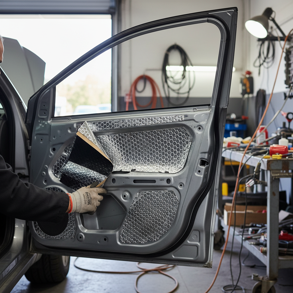 Technician applying Premium Self-Adhesive Sound Deadening Vibration Damper inside car door, showing its hex embossed aluminum surface for acoustic insulation and vibration damping, enhancing noise reduction in vehicles.