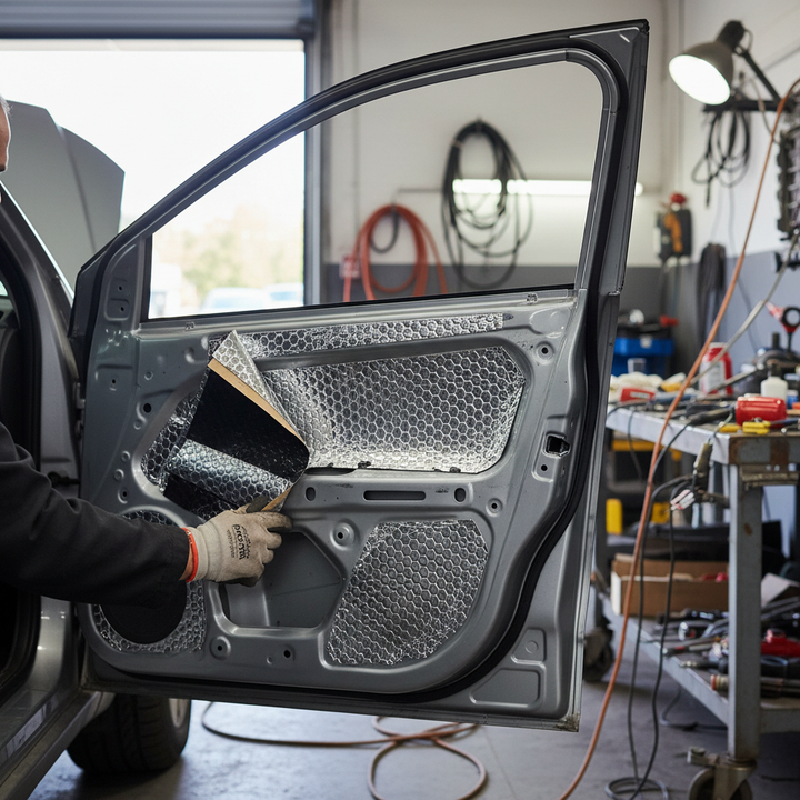 Technician applying Premium Self-Adhesive Sound Deadening Vibration Damper inside car door, showing its hex embossed aluminum surface for acoustic insulation and vibration damping, enhancing noise reduction in vehicles.