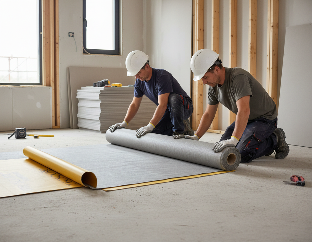 Two men in hard hats unroll the Premium High-Performance Synthetic Soundproofing Membrane for Acoustic Insulation on a subfloor, emphasizing soundproofing and noise reduction in construction.