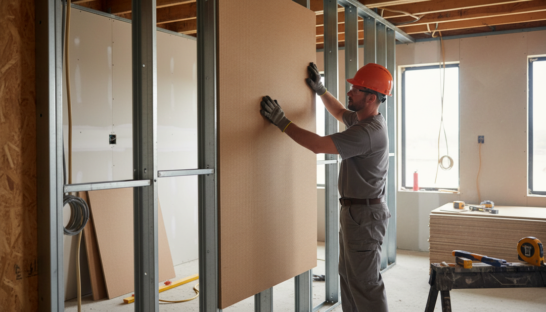Tradesman in an orange hard hat installs a Premium High-Performance Sound Insulation Board for Effective Noise Reduction and Thermal Mass Management, emphasizing acoustic and thermal benefits, amidst construction materials.
