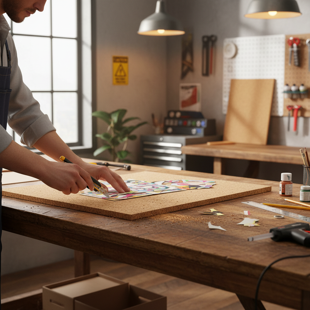 Hands skillfully cut shapes from a brightly colored sheet on a Premium Non-Adhesive Medium Grain Cork Sheet - 915mm x 610mm x 2mm - 2 Pack, ideal for soundproofing and acoustic projects.