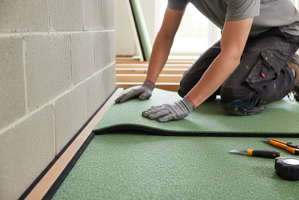 Tradesperson installing Premium Perimeter Strip for Carpet Installation - 1200mm Length, Ideal for Acoustic Applications. Positioned on green foam underlayment, showcasing soundproof and noise reduction features for professional acoustic finishes.