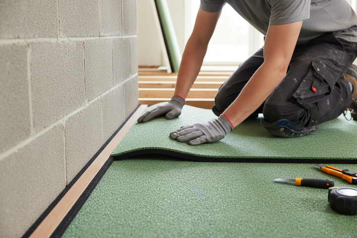 Tradesperson installing Premium Perimeter Strip for Carpet Installation - 1200mm Length, Ideal for Acoustic Applications. Positioned on green foam underlayment, showcasing soundproof and noise reduction features for professional acoustic finishes.