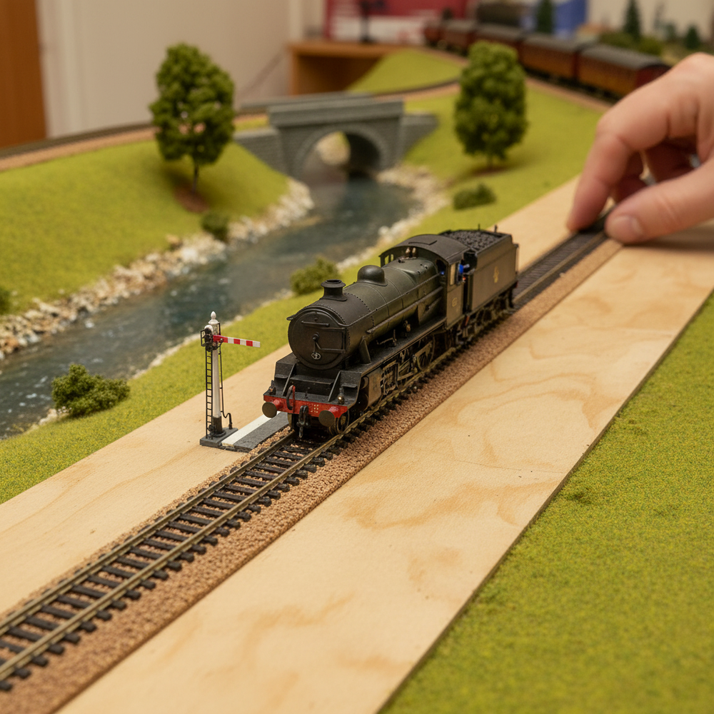 Premium Model Railway Cork Track Underlay Roll 10 Meters Long x 65mm Wide x 2mm Thick for O Gauge Layouts, enhancing soundproofing and track stability in a detailed model railway scene with steam locomotive.