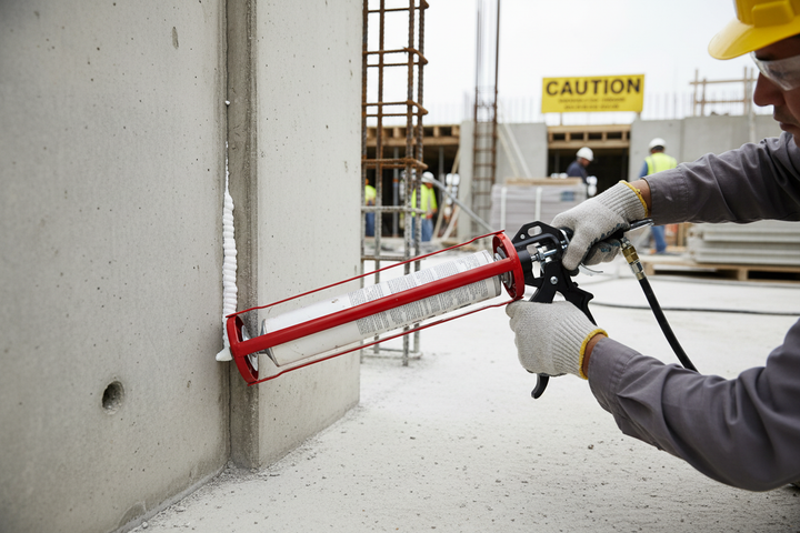 Construction worker using Premium Jumbo Sealant Gun for 900ml Acoustic Sealant - Heavy Duty Design with Extra Stiff Push Rod Mechanism, applying sealant between concrete panels amidst scaffolding, ensuring soundproof and acoustic insulation.