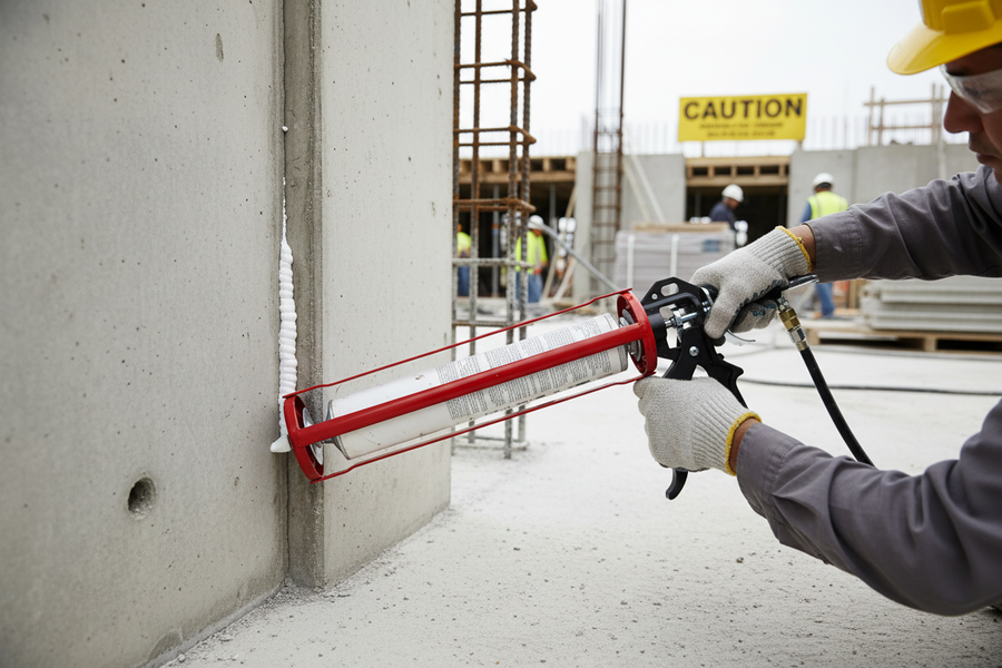 Construction worker using Premium Jumbo Sealant Gun for 900ml Acoustic Sealant - Heavy Duty Design with Extra Stiff Push Rod Mechanism, applying sealant between concrete panels amidst scaffolding, ensuring soundproof and acoustic insulation.