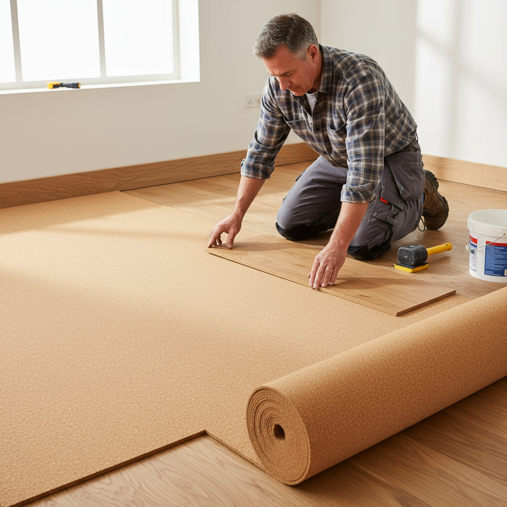 Man installing wood-look flooring over underlayment with Premium Fine Grain Large Cork Roll - 4m x 1m, 3mm Thick for Interior Walls, ideal for soundproofing and noise reduction, in bright room.