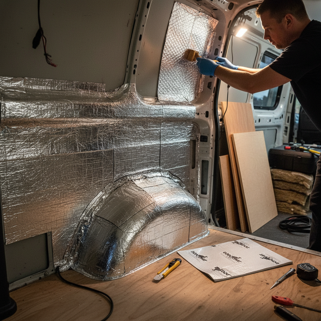 Person installs soundproof Premium Campervan Sound Deadening and Insulation Kit, enhancing noise reduction and comfort with foil insulation panels and plywood flooring, surrounded by tools and materials for acoustic improvement.