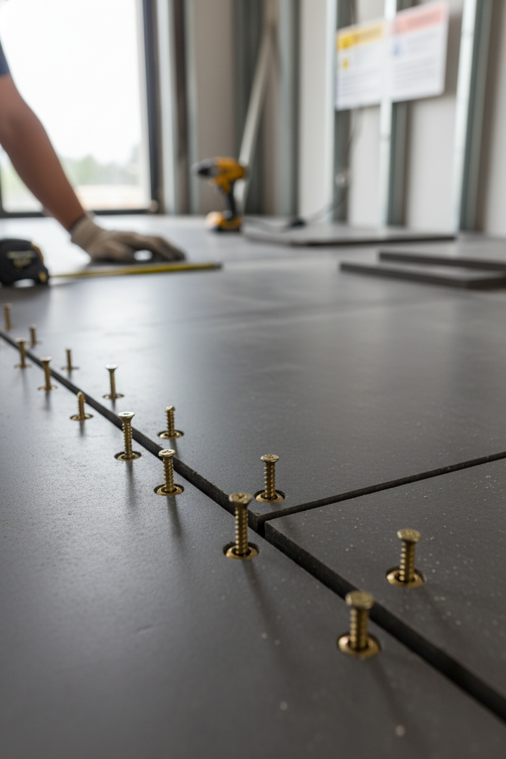 Premium Self-Drilling 50mm Screws with Torx Drive - Box of 250 for Cement Tile Backer Board visible in use, ensuring secure installation for soundproofing and noise reduction applications.