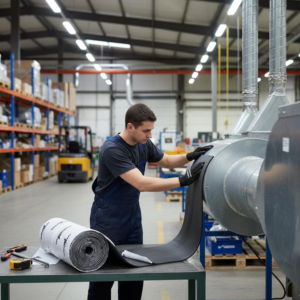 Technician wraps Premium Self-Adhesive Flexible Foam Liner for Vehicle Heat and Sound Insulation around metal duct in warehouse. Roll, tape measure, utility knife visible, emphasizing soundproofing and acoustic insulation qualities.