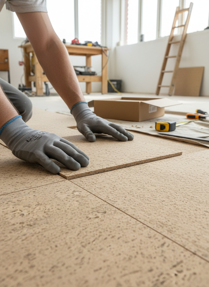 Person fitting Premium Natural Cork Flooring in Squared Cream tiles on subfloor, surrounded by tools. These 600mm x 300mm, 4mm thick tiles offer sound insulation and comfort, ideal for residential noise reduction.
