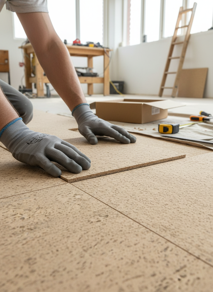 Person fitting Premium Natural Cork Flooring in Squared Cream tiles on subfloor, surrounded by tools. These 600mm x 300mm, 4mm thick tiles offer sound insulation and comfort, ideal for residential noise reduction.