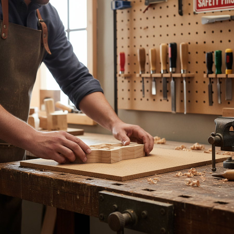 Person in apron examines a wooden block on a workbench with tools, highlighting Premium Fine Grain Non-Adhesive Cork Sheets for acoustic applications, soundproofing, and noise reduction. Ideal for professional projects.