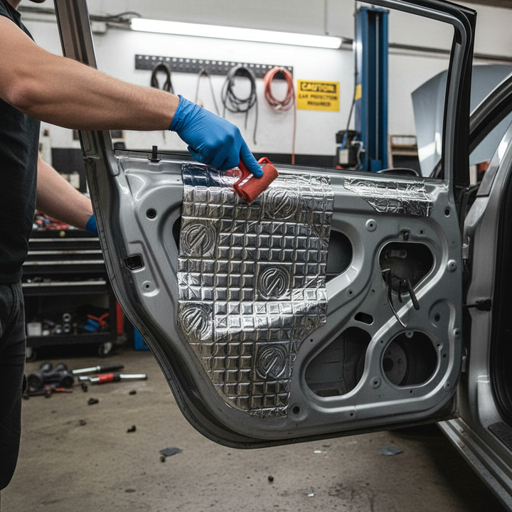 Person using a roller tool to apply the Premium 2mm Damping Mat - 40 Sheet Pack for Noise Reduction and Vibration Absorption in Vehicles, highlighting soundproof and acoustic properties on a car door's metal skin.
