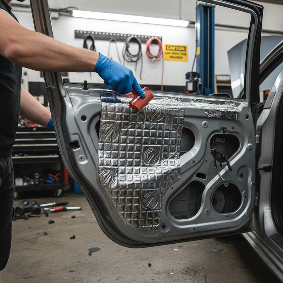 Person using a roller tool to apply the Premium 2mm Damping Mat - 40 Sheet Pack for Noise Reduction and Vibration Absorption in Vehicles, highlighting soundproof and acoustic properties on a car door's metal skin.
