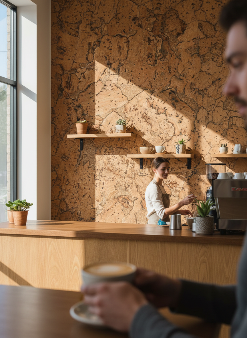 Hands hold a coffee cup in a café with Premium Natural Patterned Cork Wall Tiles, 600mm x 300mm, 3mm thick, enhancing acoustic insulation and soundproofing in the minimalist space. Ideal for noise reduction.