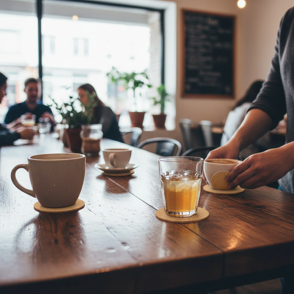 Premium Adhesive Coaster Cork Sheets - 100mm Diameter, 2mm Thickness, Pack of 50 on a café table, showcasing their use in acoustic and noise reduction applications within cozy settings.