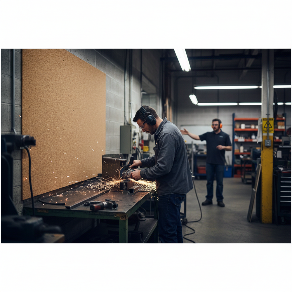 Premium Fine Grain Large Cork Roll for Interior Walls - 8m x 1.22m with Various Thickness Options is showcased in a metal-working shop, enhancing soundproofing and acoustic insulation amid sparks from an angle grinder.