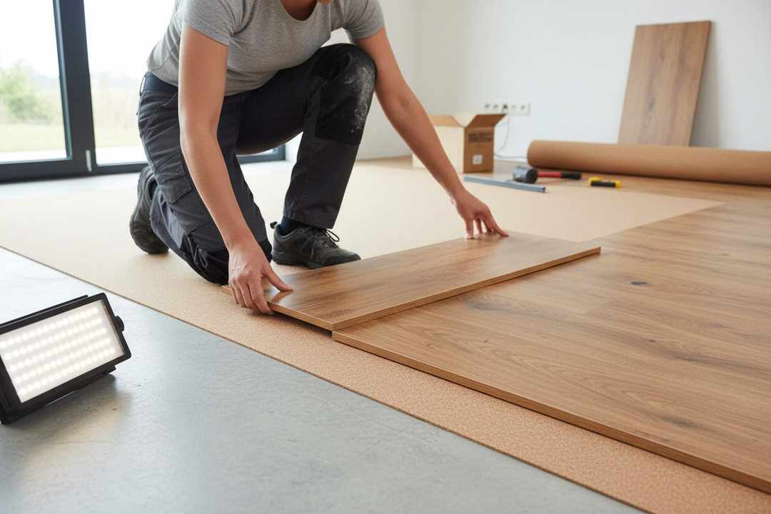 Person installing wood-look flooring with Premium Natural Cork Roll 10m x 1m x 2mm Thick for Laminate Flooring and Underlay, surrounded by tools. Ideal for soundproofing, acoustic insulation, and noise reduction.