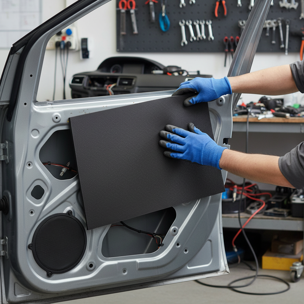 Technician installs Premium Self-Adhesive Thermo-Acoustic Material 800x500mm - 6mm Thickness for noise reduction and heat insulation on car door, showcasing soundproof, acoustic, and vibration damping properties.