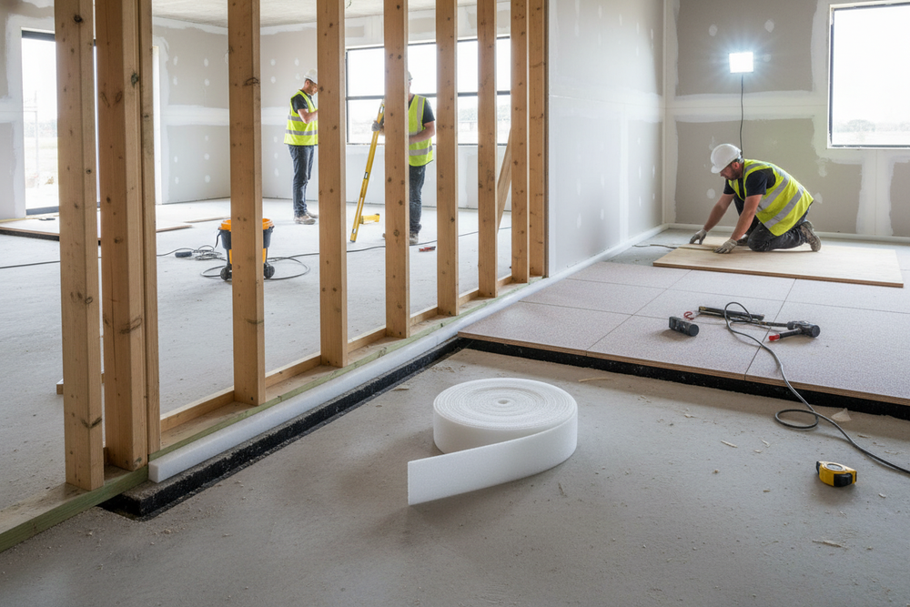 High-Performance Acoustic Isolation Flanking Strip 100mm x 50m Roll for Enhanced Sound Insulation, seen as a coiled roll on a concrete slab, amidst active construction with workers installing subfloor panels.