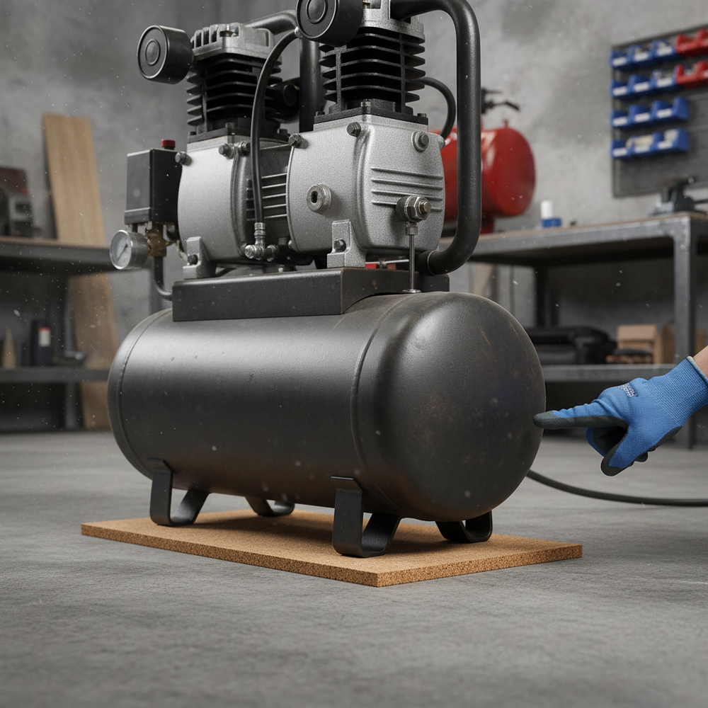 Premium Fine Grain Non-Adhesive Cork Sheets - 915mm x 610mm - 18mm Thick - Pack of 2. Ideal for soundproof and acoustic projects, shown on a workshop mat beside an air-compressor.