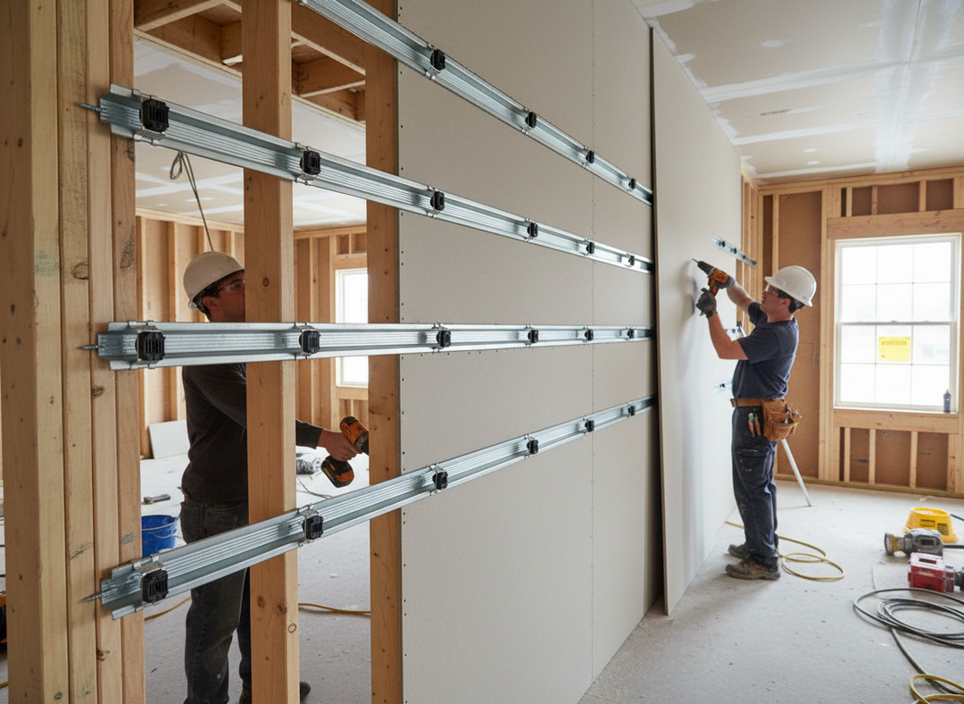 Workers install drywall using the Premium Top Hat Furring Channel 1850mm for high-performance sound insulation, showcasing its role in soundproof, acoustic, and noise reduction applications on exposed stud walls.