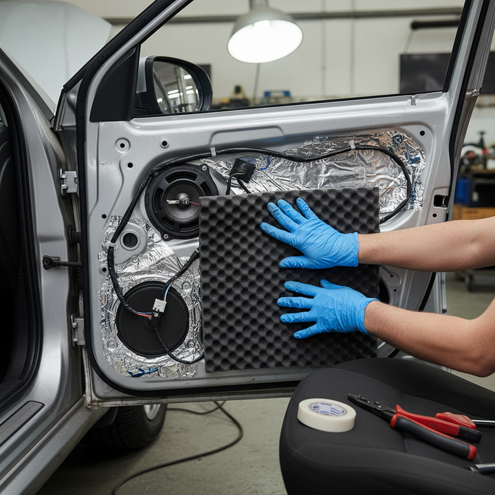 Technician installs Premium Noise-Absorbing Foam Material 15mm Thick for Sound Insulation and Automotive Applications, featuring high-density foam for effective acoustic soundproofing, noise reduction, and vibration damping in car door.