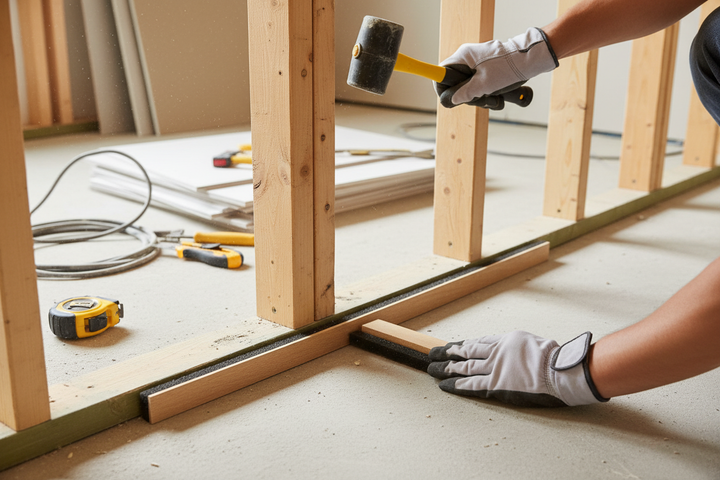 Premium Perimeter Strip for Carpet Installation - 1200mm Length, Ideal for Acoustic Applications, shown being fitted with a rubber mallet against a subfloor. Enhances soundproofing, noise reduction, and sound insulation for seamless carpet integration.