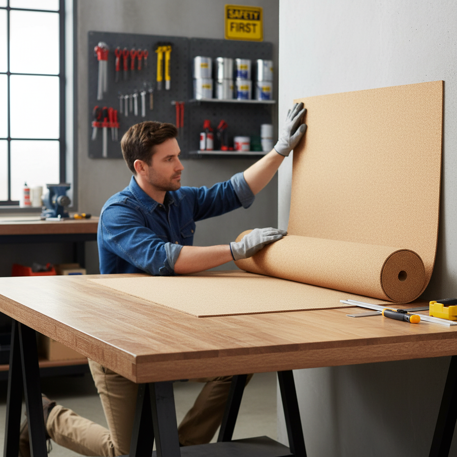 Craftsman unrolls Premium Fine Grain Large Cork Roll 2m x 1m - 3mm Thick for Interior Walls, ideal for soundproofing and noise reduction, in a workshop with tools and safety sign.