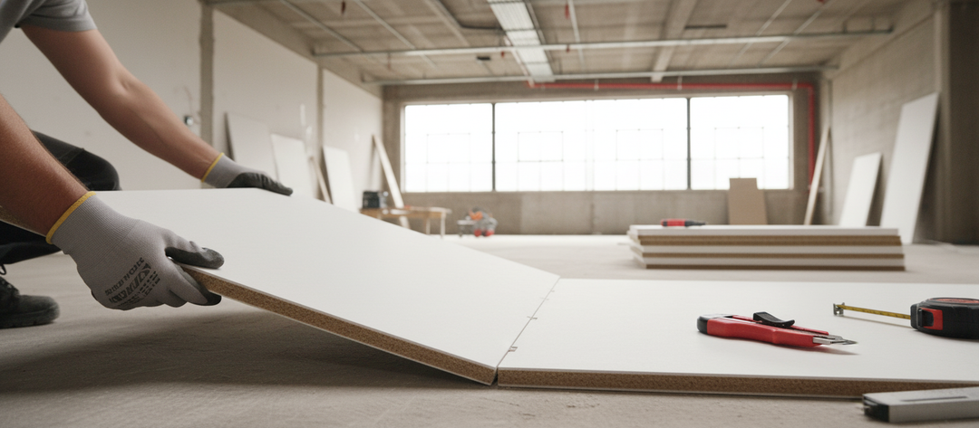 Fitting the Premium 30mm Acoustic Overlay System for Noise Reduction, showcasing easy installation of soundproof panels, enhancing sound insulation and vibration damping for new builds and renovations.