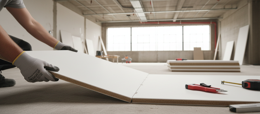 Fitting the Premium 30mm Acoustic Overlay System for Noise Reduction, showcasing easy installation of soundproof panels, enhancing sound insulation and vibration damping for new builds and renovations.