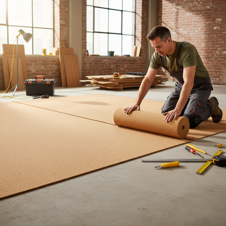 Man in overalls unrolling Premium Fine Grain Large Cork Roll 7m x 1m - 2mm Thick for Interior Walls, ideal for soundproofing and acoustic insulation, amidst tools on unfinished concrete subfloor.