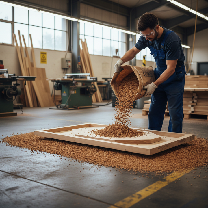 Man in a woodworking shop pours Premium Cork Granules 3-4mm Size, 3 Litres Volume, 60-70kg/m³ Density onto a mold, suitable for construction and sports applications, enhancing soundproofing and acoustic insulation.
