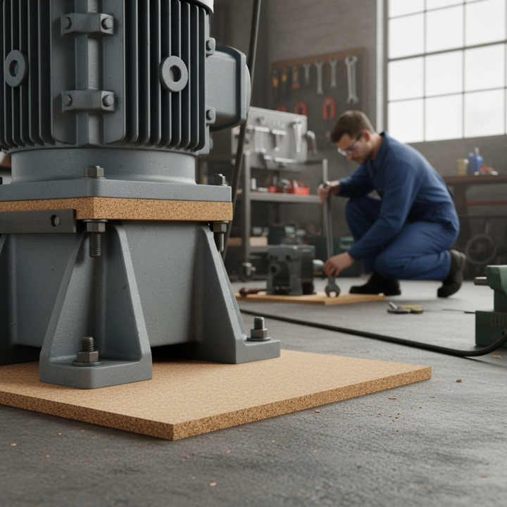 Premium Non-Adhesive Cork Sheets - 4 Pack, 610mm x 450mm, 20mm Thick for Wall Coverings and Pinboards, shown dampening vibrations under a heavy motor in an industrial workshop setting. Ideal for soundproofing and acoustic insulation.